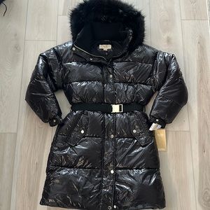 Michael Kors Black High Shine Long Puffer Coat Faux Fur Hood sz M NWT